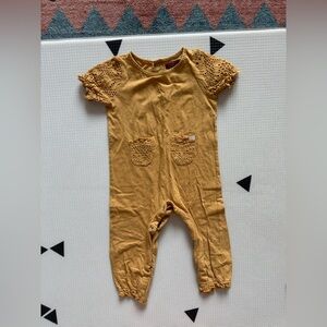 7 For All Mankind|Baby girl Mustard Yellow short sleeve jumpsuit,eyelet lace•24M